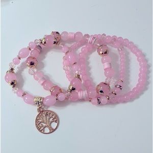 Pink beads bracelets set of 4 pcs stretch tree of life